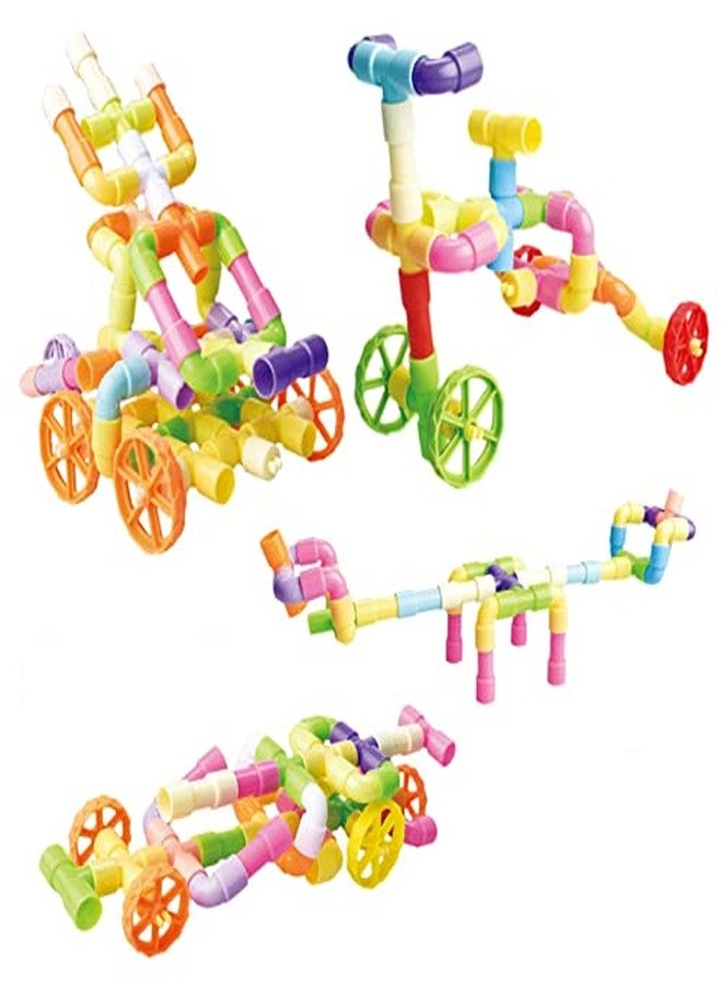 PULSBERY مكعبات بناء ملونة من بولسبري للأطفال - مكعبات بناء من الأنابيب البلاستيكية مع عجلات، ألعاب بناء إبداعية وذكية وممتعة وتعليمية، مجموعة هدايا للأطفال (85 قطعة) - Image 3